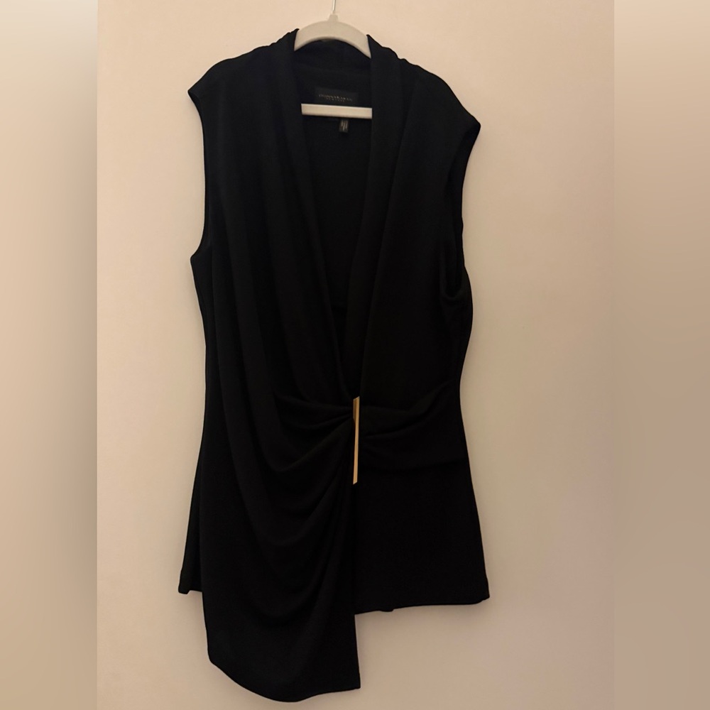 Donna Karan Black Draped V-Neck Top with Gold Tag Detail